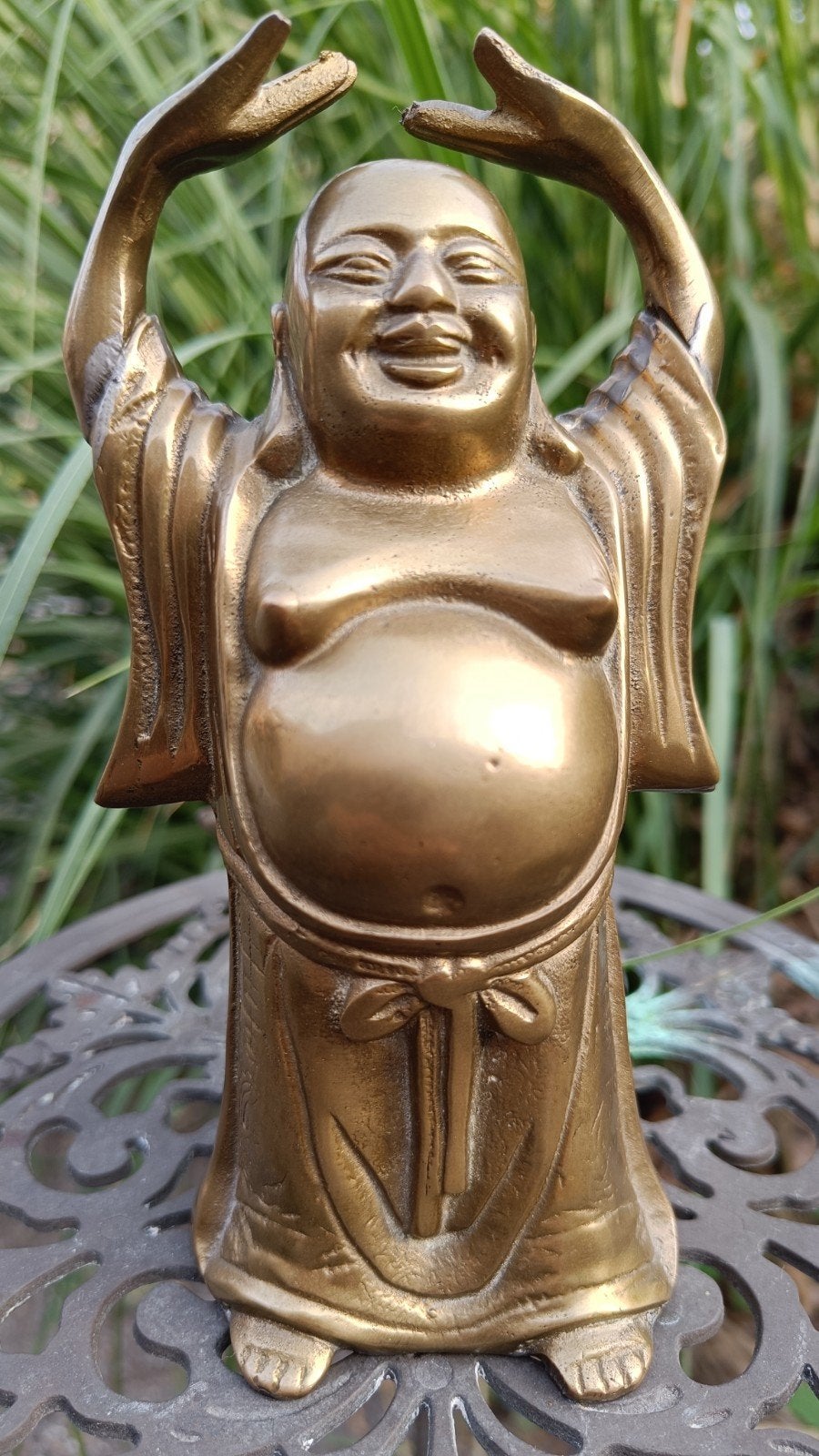 Vintage messing lachende Boeddha., 16 cm, Ophalen of Verzenden, Goud, Metaal