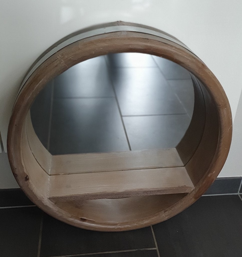 Industriële Ronde Houten Spiegel met Zinken Rand & Plankje, Ophalen, Rond, Zo goed als nieuw, Minder dan 100 cm