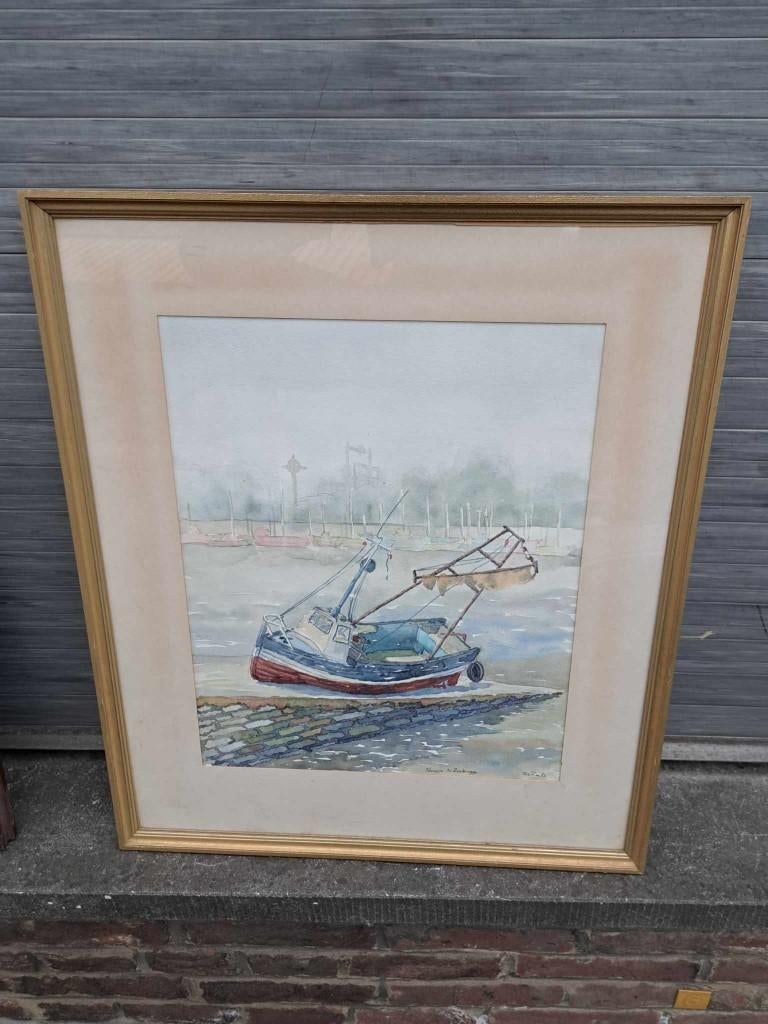 aquarelle sloepje te zeebrugge signe jos roels, Antiek en Kunst, Ophalen of Verzenden