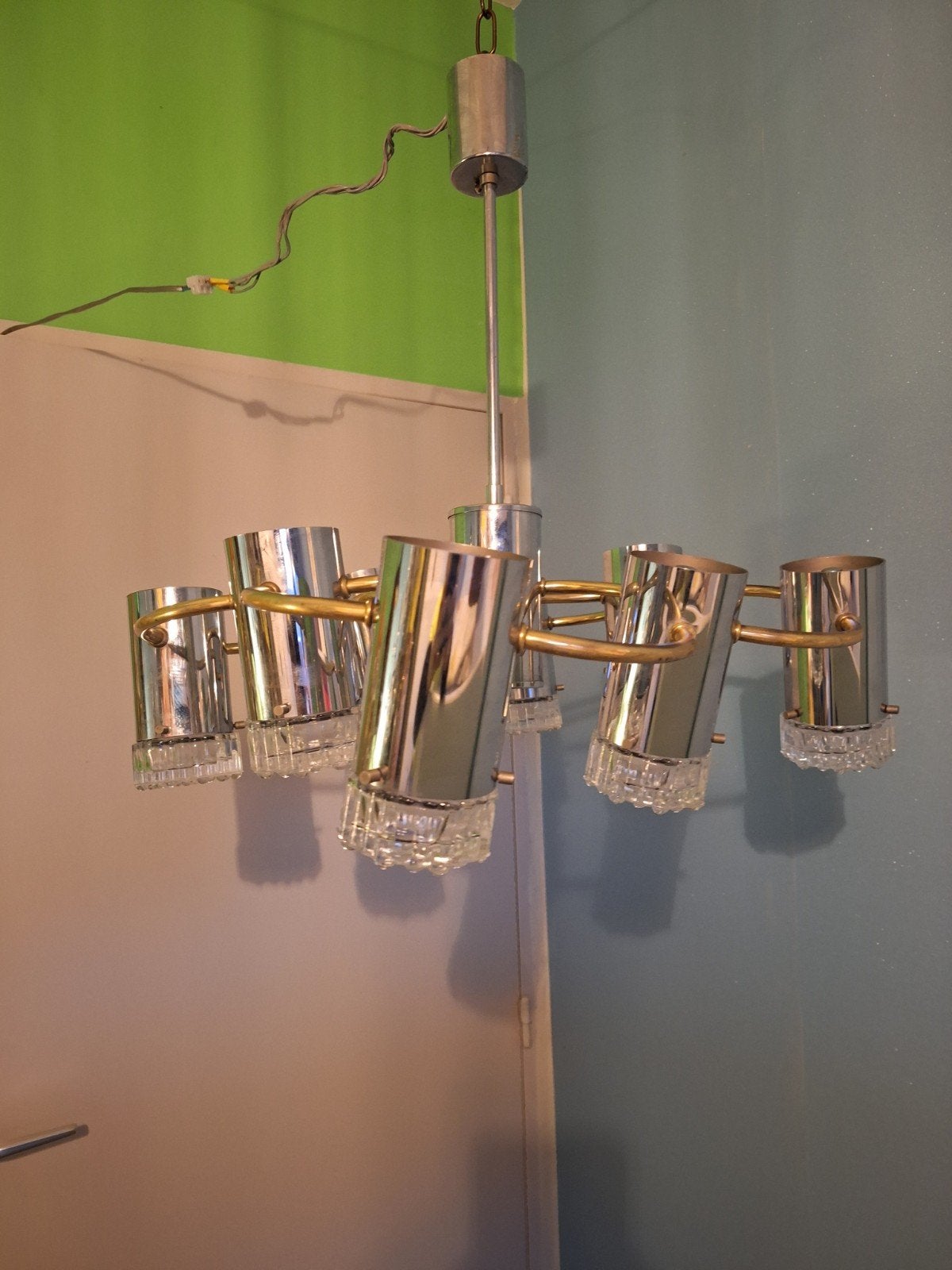 Luster in chroom en glazen lampenkappen G.Sciolari,Italië, Maison & Meubles, Lampes | Appliques, Enlèvement