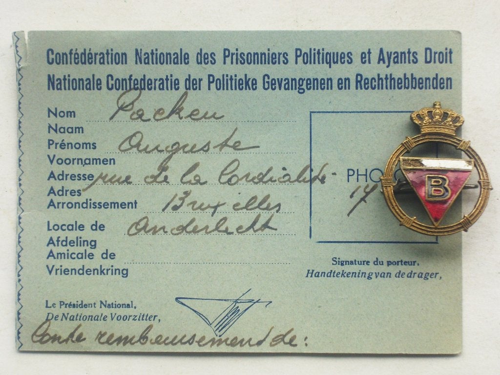 Prisonnier politique belge : épinglette & sa carte de menbre, Envoi, Armée de terre, Emblème ou Badge