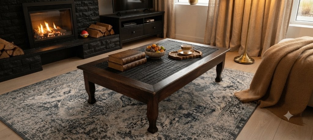 Antieke Salontafel met Zwart Lamellenblad (Gebruikt), Gebruikt, 100 tot 150 cm, Teakhout, 50 tot 100 cm