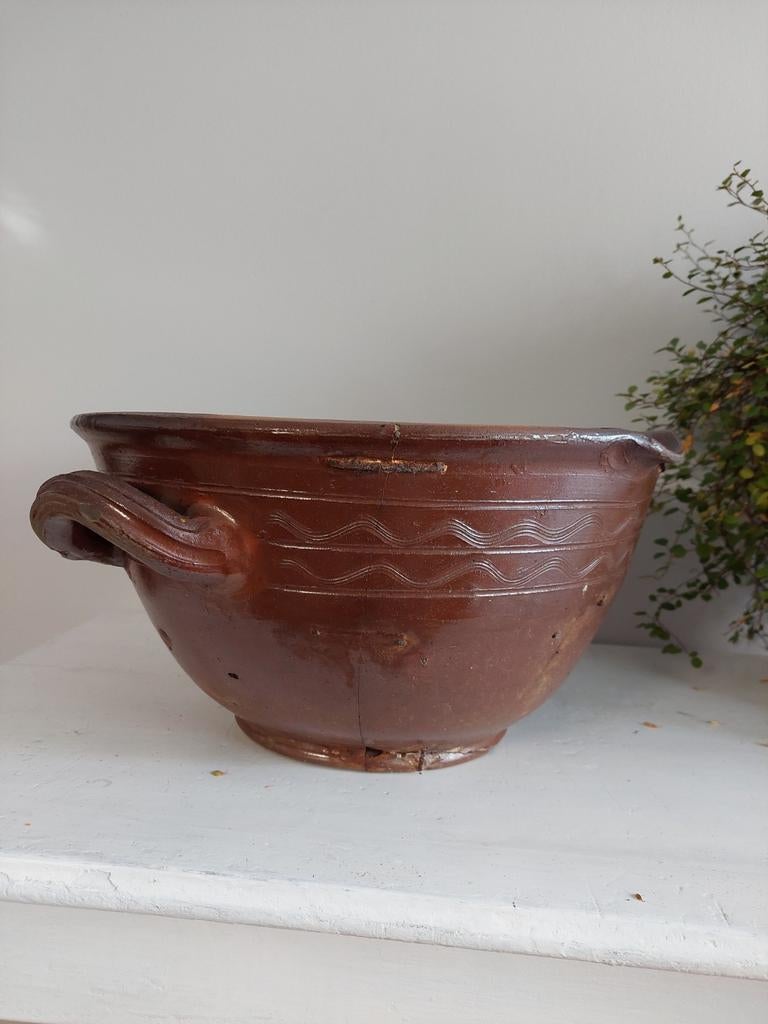 Antieke grote hoge melkteil, afroomkom, aardewerk, Tuin en Terras, Ophalen