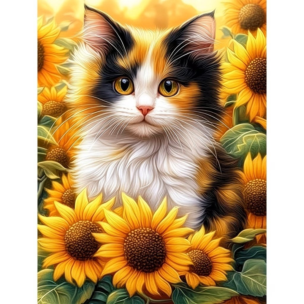 50x40cm Diamond Painting kat met zonnebloemen (rond) nr 95, Hobby en Vrije tijd, Verzenden, Geel, Nieuw, Overige materialen