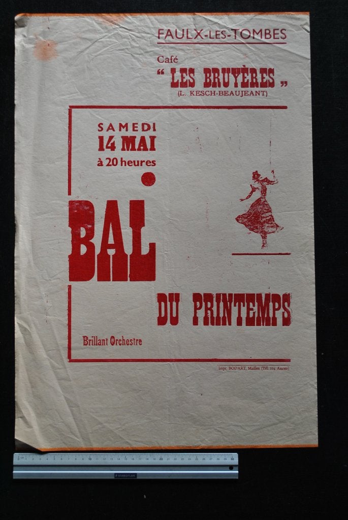 ANCIENNE AFFICHE ANNEES 50 FAULX-LES-TOMBES GRAND BAL KESCH, Enlèvement ou Envoi