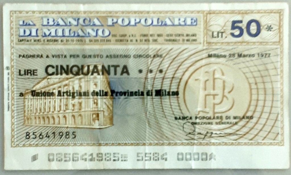 ITALIE BANCO POPULARE MILANO : BILLET DE 50 LIRES. 28/3/1977, Enlèvement ou Envoi, Italie, Billets en vrac
