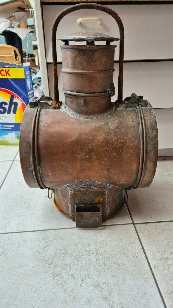 Antieke Koperen Spoorweglamp / Signaallamp, Antiek en Kunst, Ophalen, Koper