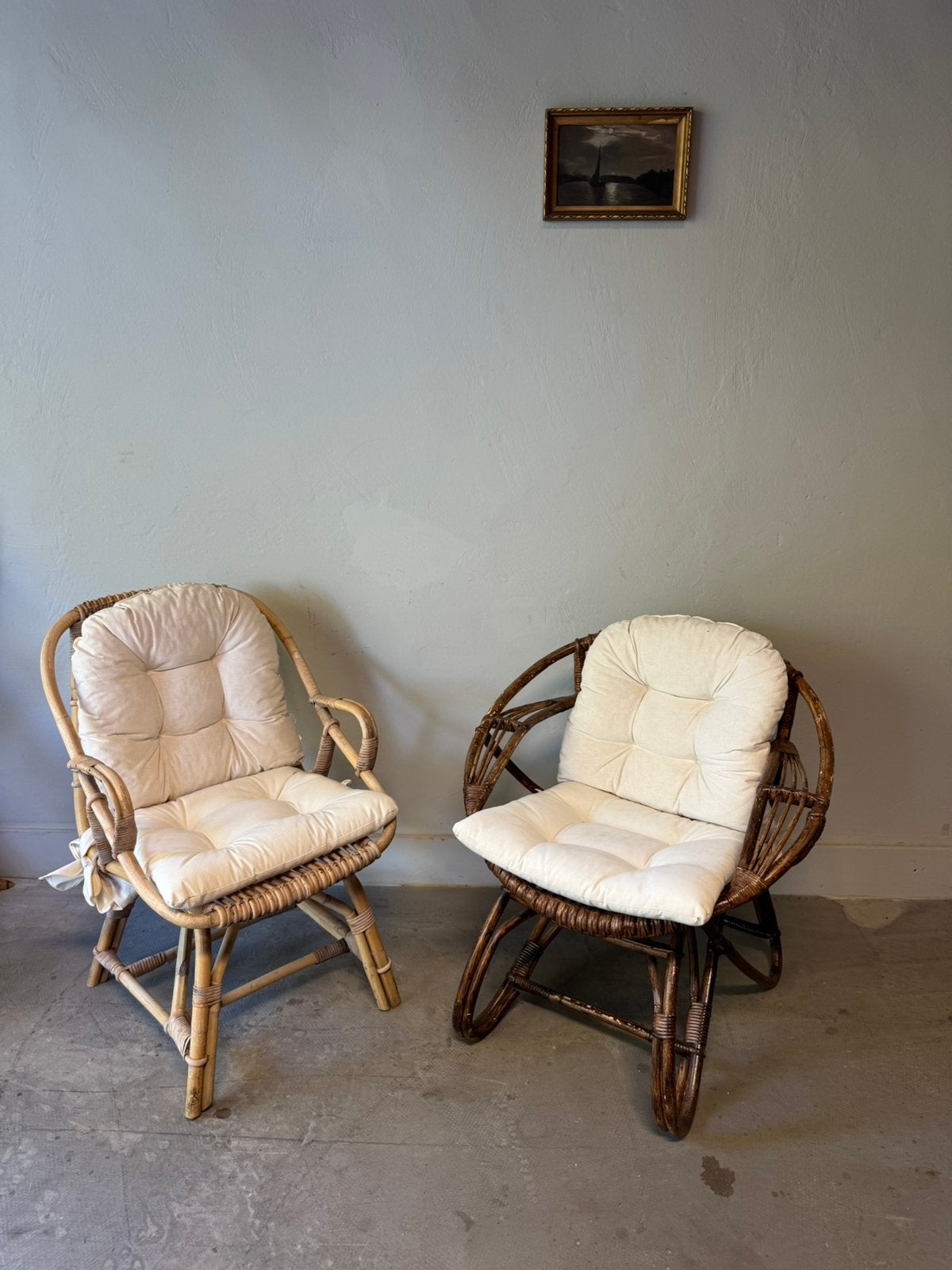 Vintage/ retro rotan stoelen - set van 2 met kussens, Huis en Inrichting, Ophalen, Zo goed als nieuw, Twee