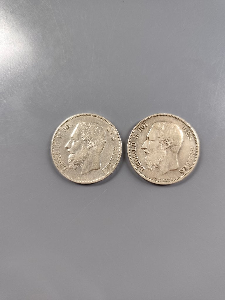 2 pièces de 5 Francs Léopold II en Argent, Timbres & Monnaies, Monnaies | Europe | Monnaies euro, Enlèvement ou Envoi, Argent