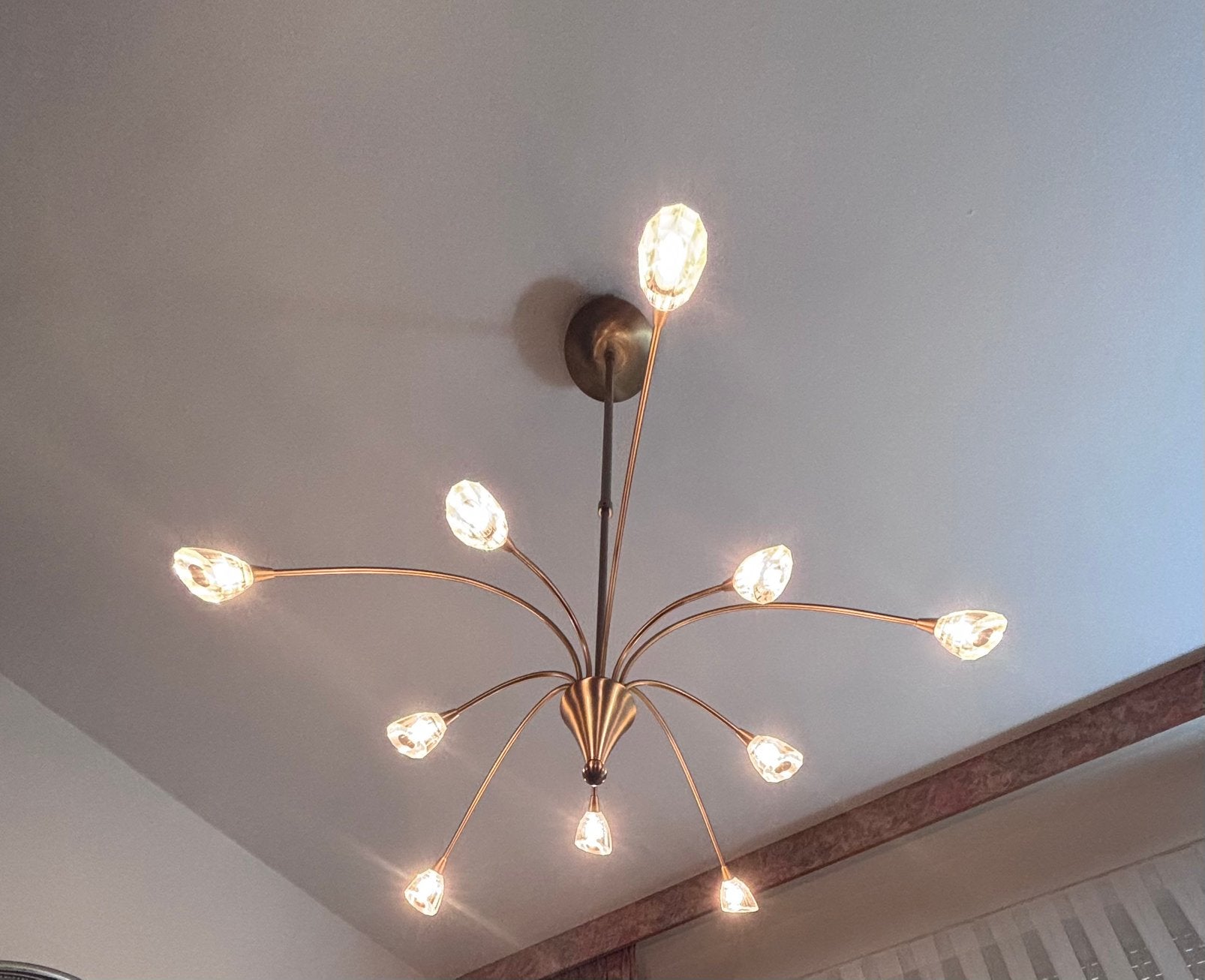 Spider kroonluchter  goud/messing met glas, Huis en Inrichting, Lampen | Kroonluchters, Ophalen, Zo goed als nieuw, Glas, G4