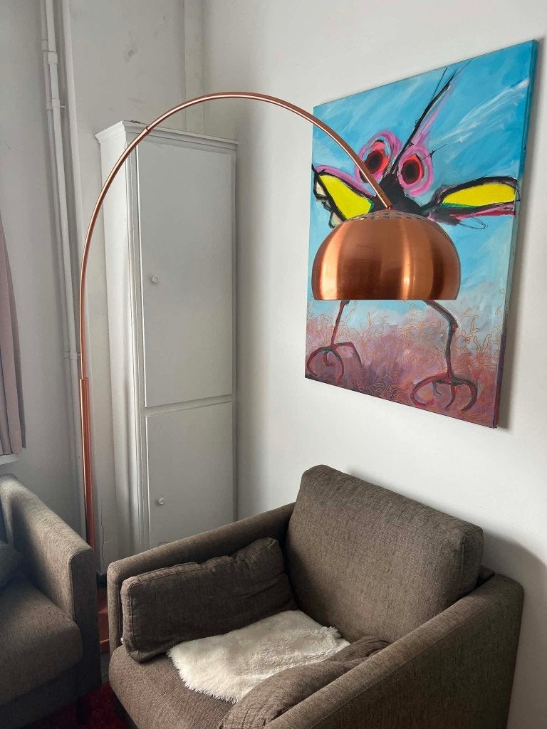 Koperen staanlamp, gebogen hals, Ophalen, Gebruikt