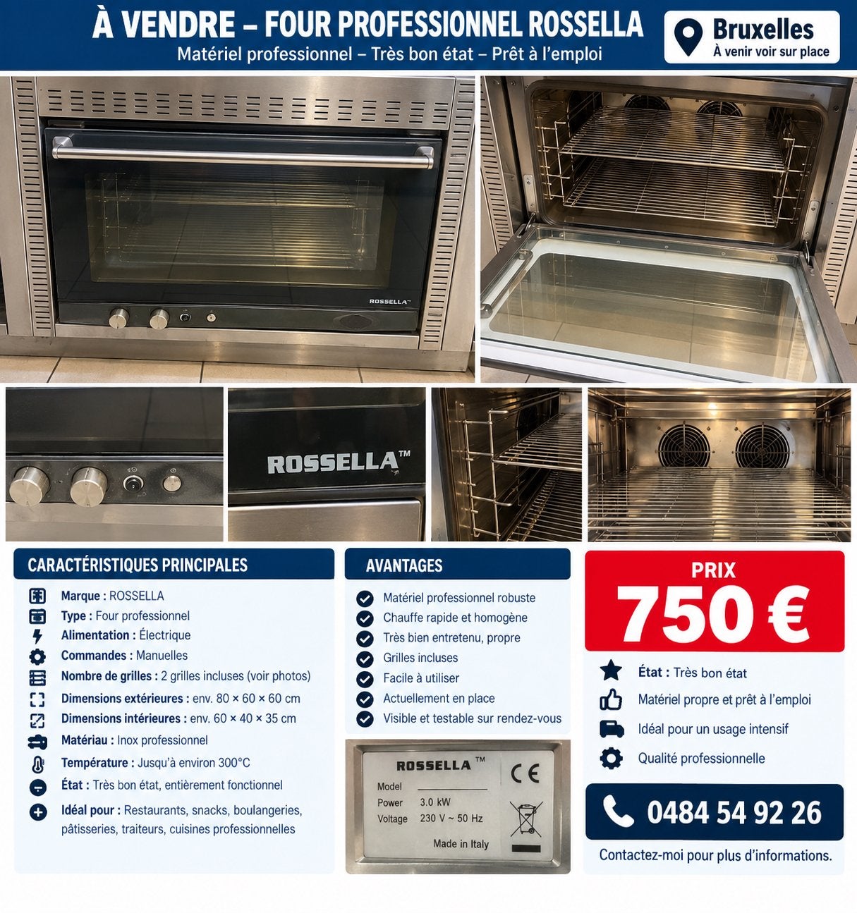 À VENDRE – FOUR PROFESSIONNEL ROSSELLA – 750 €, Enlèvement, Fours, Fours à micro-ondes et Fours à vapeur