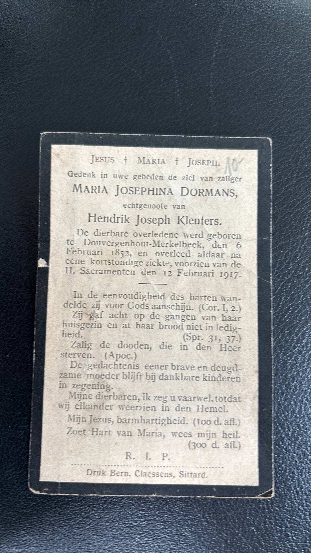 Dormans Maria Josephina echt. Kleuters Hendrik 1852 - 1917, Verzenden, Bidprentje