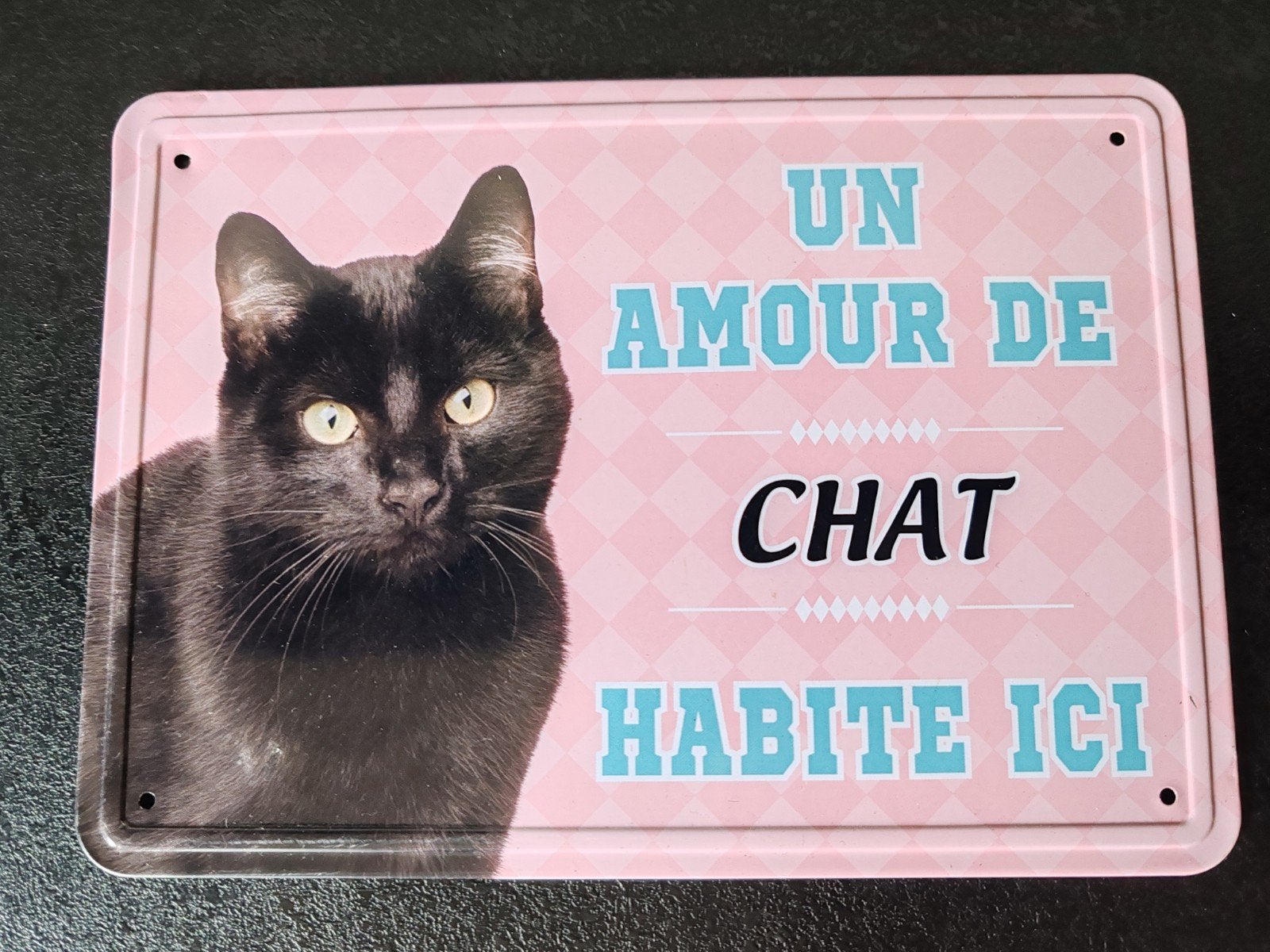 Plaque métallique décorative "Un Amour de Chat Habite Ici", Vintage, Enlèvement ou Envoi, Bleu, Métal