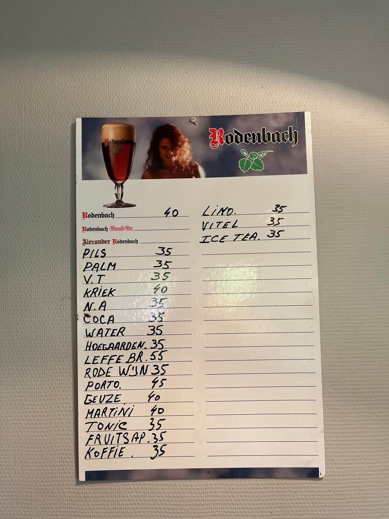 Panneau de prix vintage Rodenbach /panneau d'affichage rétro, Enlèvement, Comme neuf, Panneau publicitaire