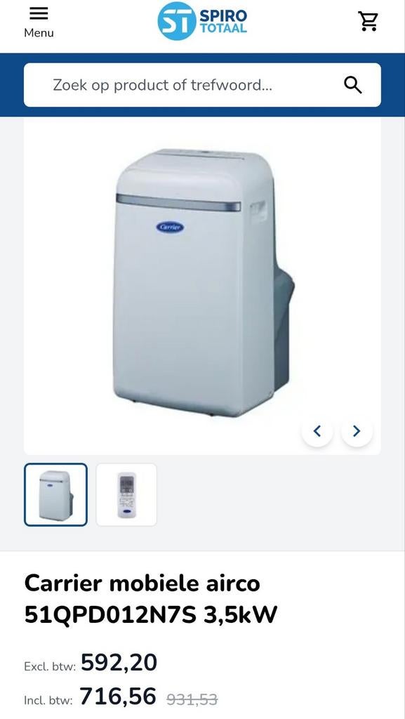 Carrier mobiele airco 12000 BTU, Koelen en Ontvochtigen, Minder dan 60 m³, Timer, 3 snelheden of meer