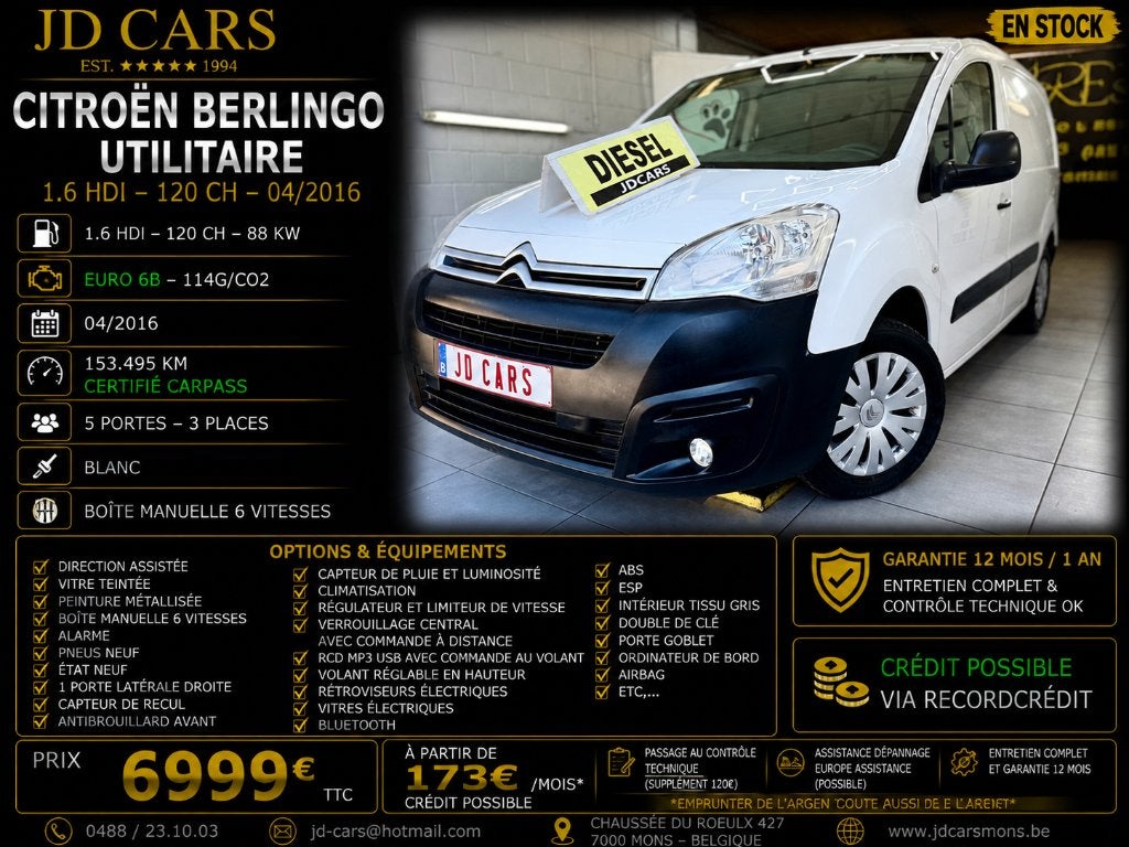 CITROËN BERLINGO 1.6 HDI UTILITAIRE ‼️GARANTIE 1 AN CTOK‼️, Voorwielaandrijving, Dealer onderhouden, Stof, Euro 6