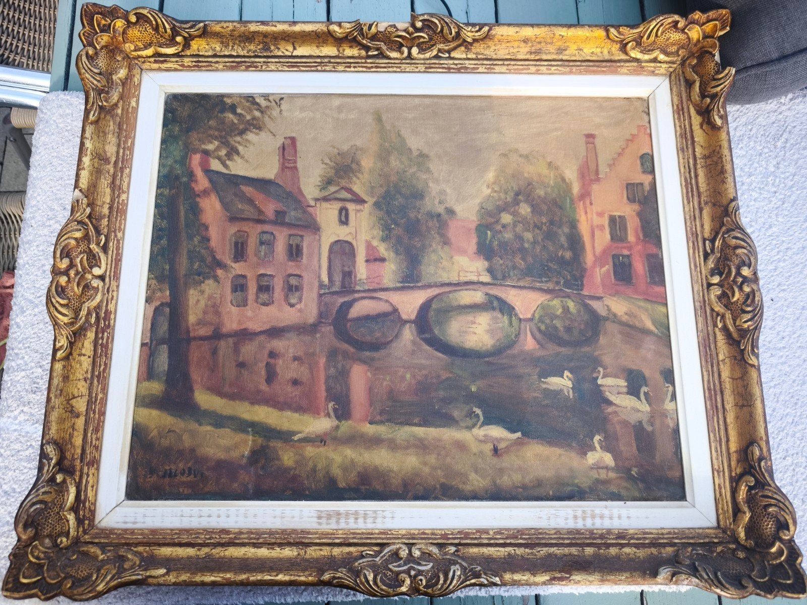 Peinture à l'huile Begijnhof Bruges avec des cygnes, Antiquités & Art, Enlèvement ou Envoi