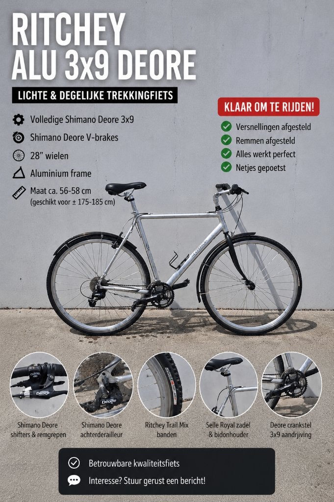 Ritchey Aluminium Trekkingfiets – Shimano Deore – Topstaat, 28 inch, Velgrem, Zo goed als nieuw, Meer dan 20 versnellingen
