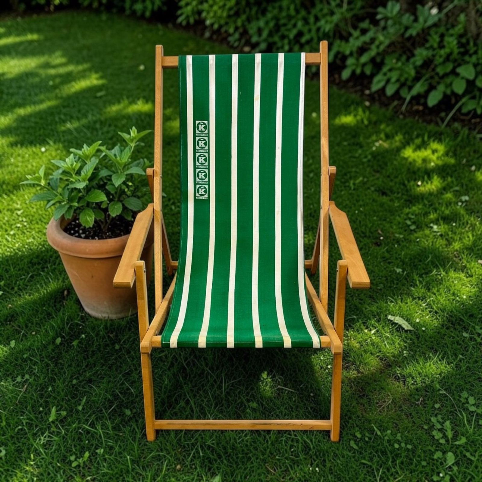 Vintage Houten Strandstoel Deckchair Groen/Wit Gestreept, Verzenden, Gebruikt