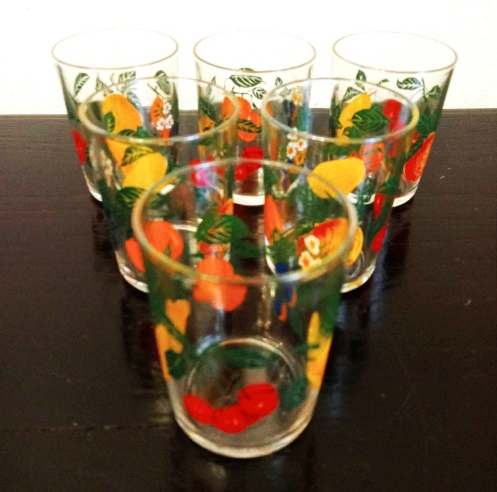 Verres à boissons gazeuses à décor de fruits, lot de 6, Enlèvement ou Envoi, Comme neuf, Verre à soda