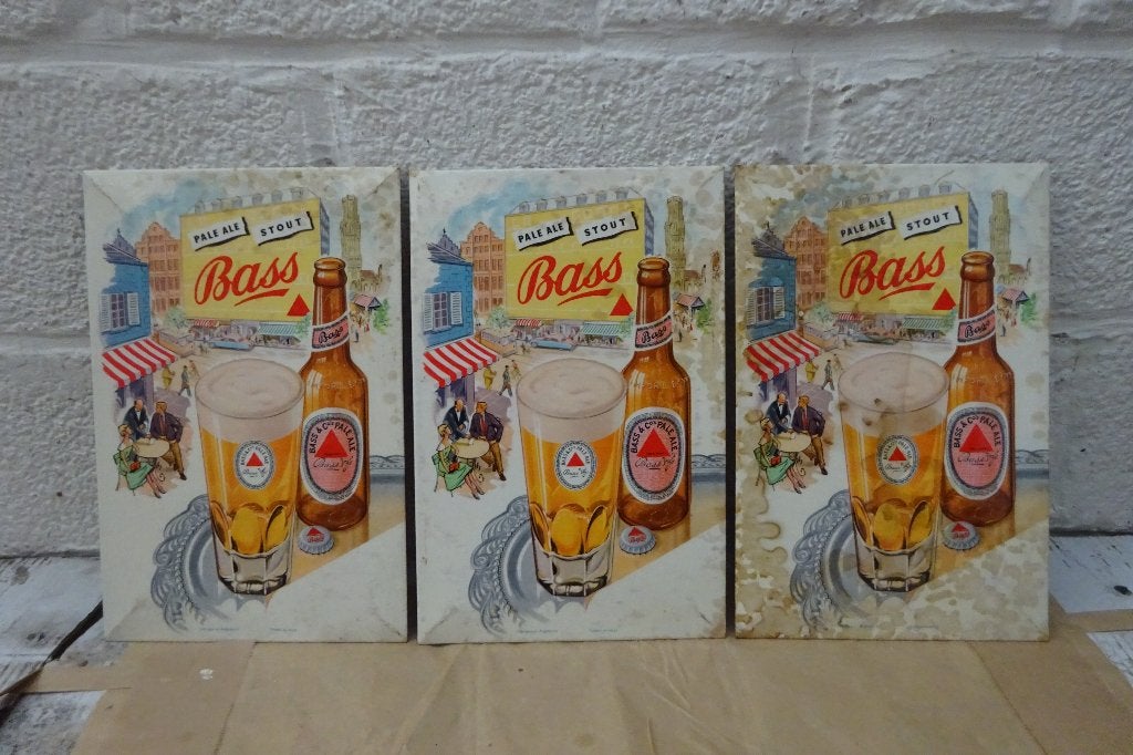 Bass Pale-Ale 3 glaçoïdes dos carton avec timbre, Collections, Enlèvement, Utilisé, Panneau publicitaire