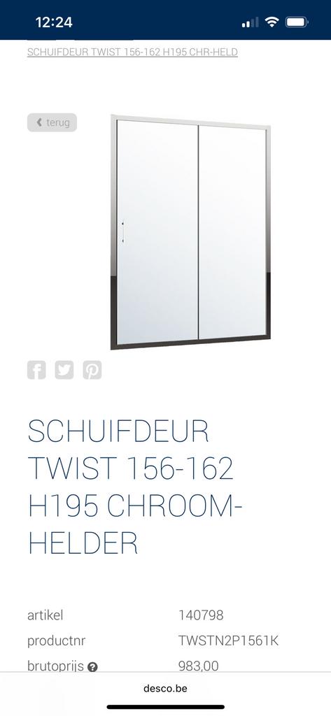Gratis Douchescherm met schuifdeur 156-162 breed/195h, Ophalen, Nieuw, Minder dan 25 cm, 150 tot 200 cm