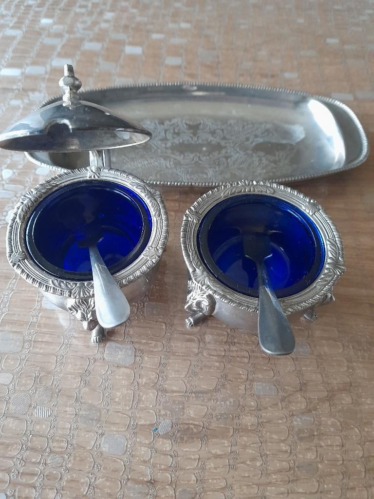 Oude verzilverde mosterdpot en zoutvaatje, Ophalen of Verzenden