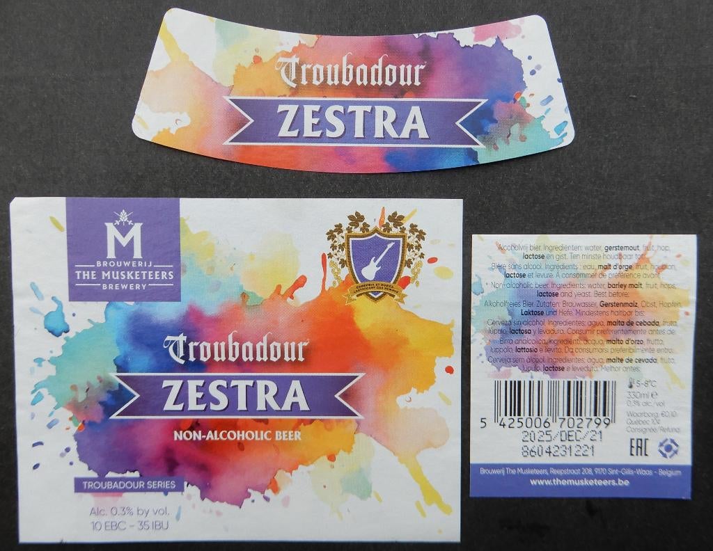 Bieretiket Troubadour Zestra Brouw. The Musketeers (11z9), Verzamelen, Verzenden, Gebruikt
