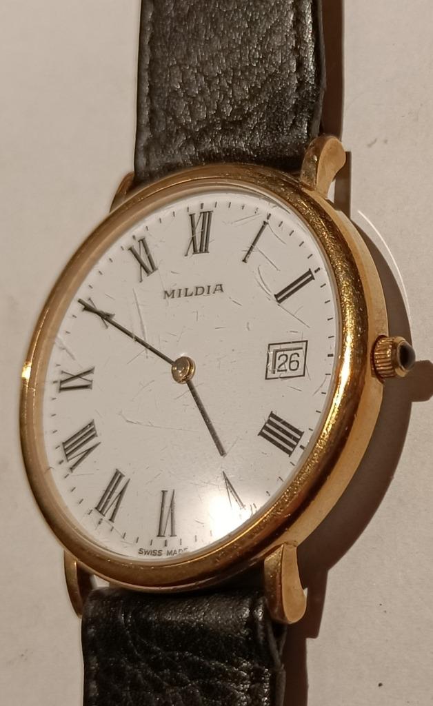 Montre Mildia homme 651301 plaqué or, date, vintage, Enlèvement ou Envoi, Utilisé