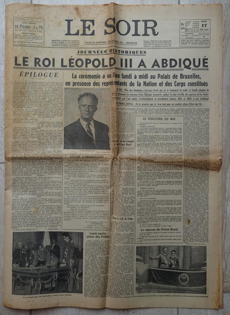 5 journaux 1945-1951 (fin de Léopold III, début Baudouin), Collections, Enlèvement ou Envoi, 1940 à 1960, Journal