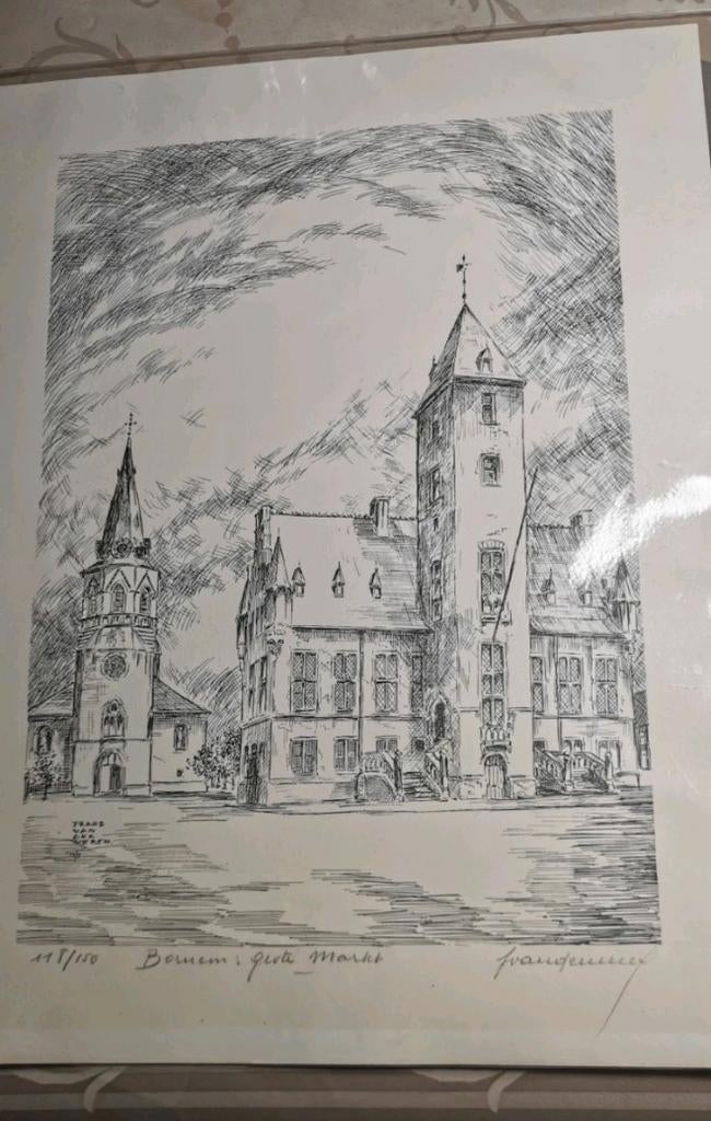 Gravure « Bornem Grote Markt » - Frans Vanderveken avec cert, Antiquités & Art, Art | Dessins & Photographie, Enlèvement ou Envoi
