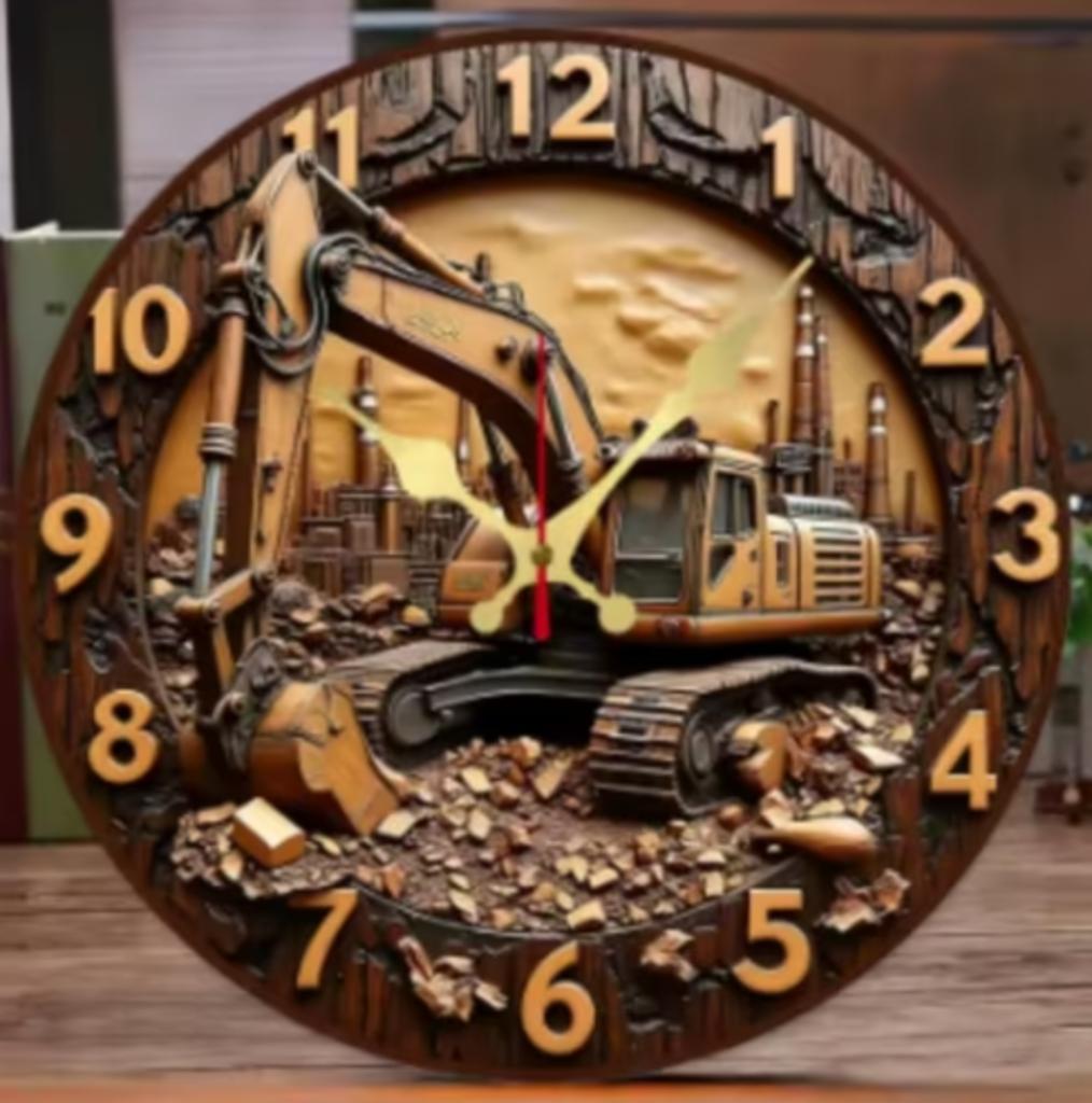 Horloge murale ronde en bois Excavator (25cm), Enlèvement ou Envoi, Neuf, Horloge murale