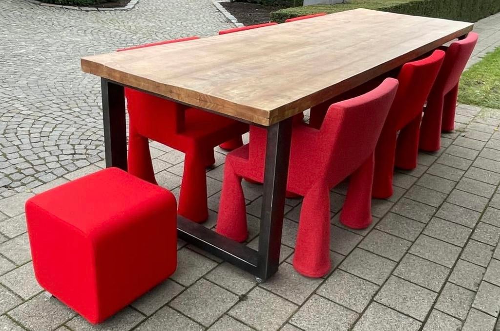 Mooie grote tafel met metalen onderstel op wielen (binnen), Tuin en Terras, Ophalen, Gebruikt