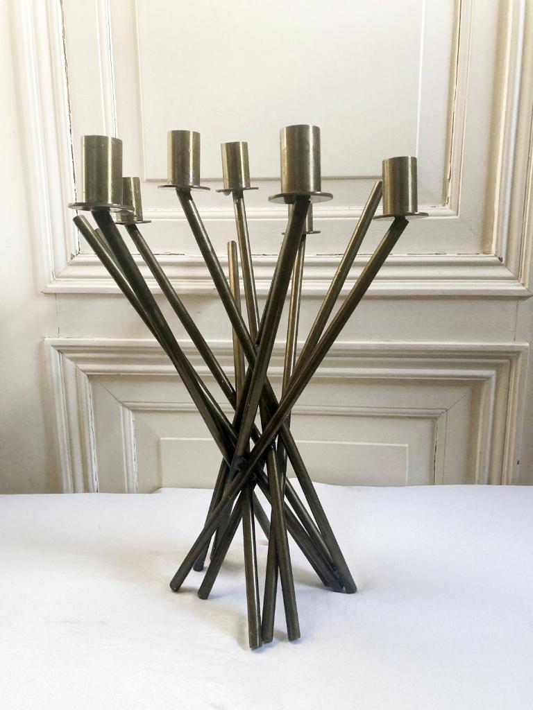 Grand bougeoir métallique en métal gris des années 1990, Gris, Utilisé, Métal, Chandelier