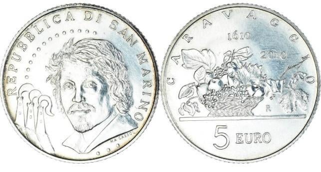 Zilveren 5 euro San Marino 2010 Caravaggio, Postzegels en Munten, Ophalen of Verzenden, San Marino, 5 euro