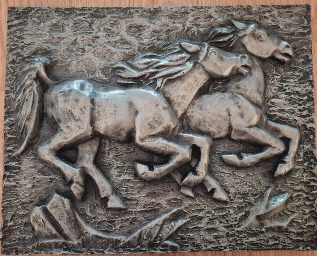 Plaque XXe Fonte Bas Relief Sculpture Chevaux , Enlèvement