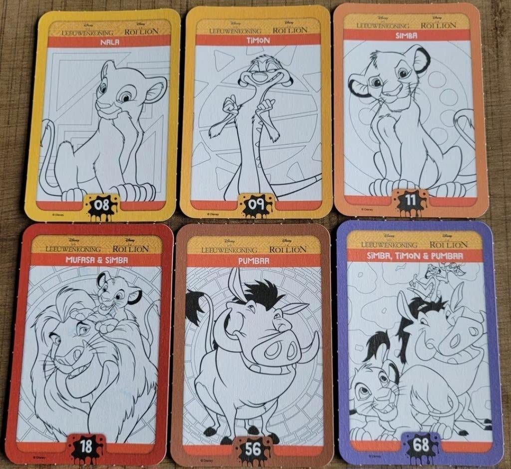 De Leeuwenkoning: 6 verzamelkaarten Disney Colour Magic, Verzamelen, Ophalen of Verzenden, Leeuwenkoning of Jungle Boek, Zo goed als nieuw