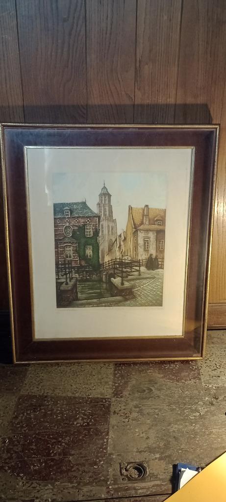 Gravure „Oude brug in Lier” R. Vandevelde, 69x82, n426, Antiek en Kunst, Kunst | Etsen en Gravures, Ophalen, Architectuur, Gravure