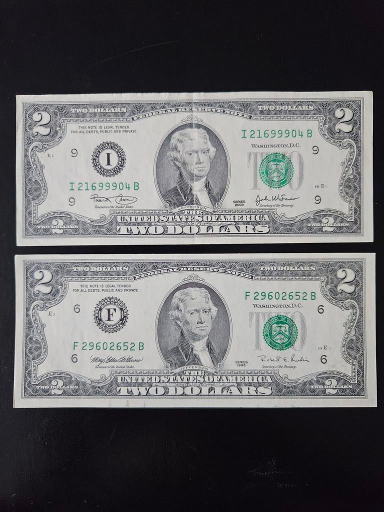 2x 2 dollars 1995 en 2003 jaar USA set, Postzegels en Munten, Bankbiljetten | Amerika, Ophalen of Verzenden, Noord-Amerika, Setje