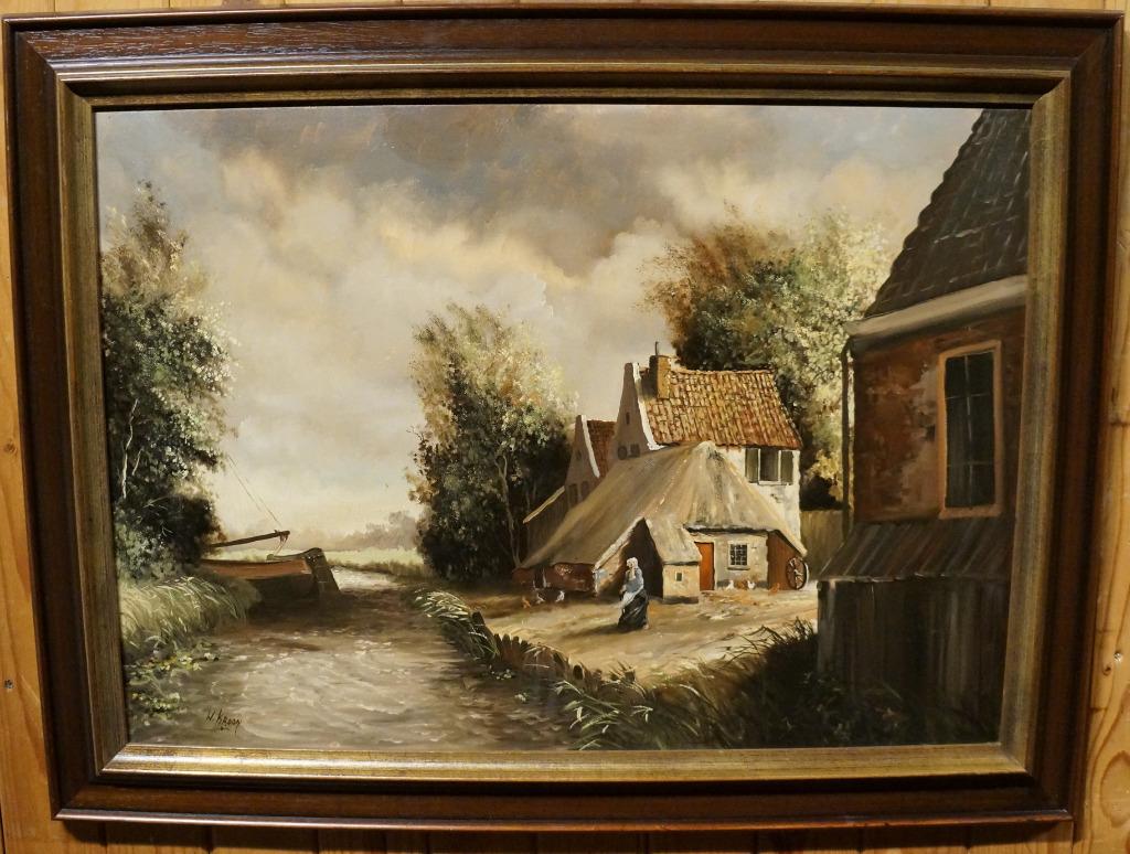 Hollands landschap Boerderij olieverf schilder Willem Kroon, Ophalen, Zo goed als nieuw, Schilderij, 75 tot 100 cm