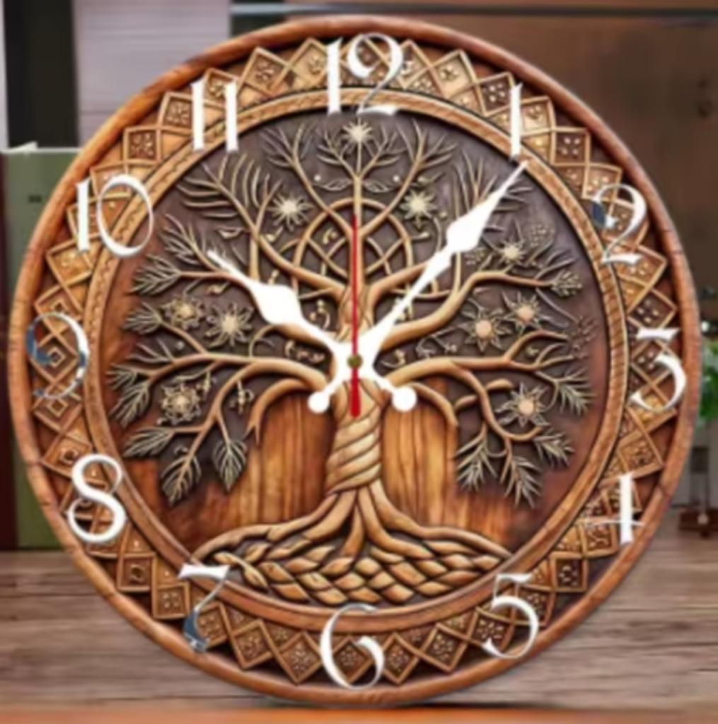 Ronde wandklok van hout analoge Levensboom knoop (25cm), Ophalen of Verzenden, Nieuw, Wandklok