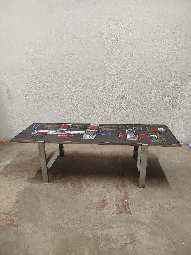 Mooie chromé vintage sixties MCM J.Belarti tegel-salontafel, Gebruikt, 100 tot 150 cm, Overige materialen, Ophalen of Verzenden
