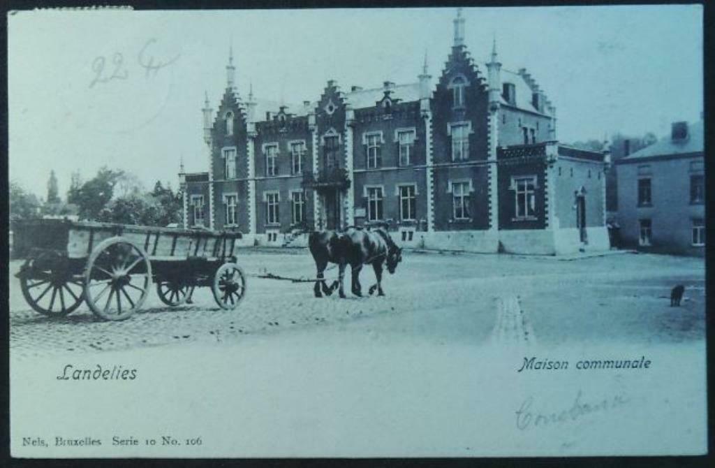 Carte Postale Landelies – Maison Communale et attelage, Ophalen of Verzenden, Voor 1920, Gelopen, Henegouwen