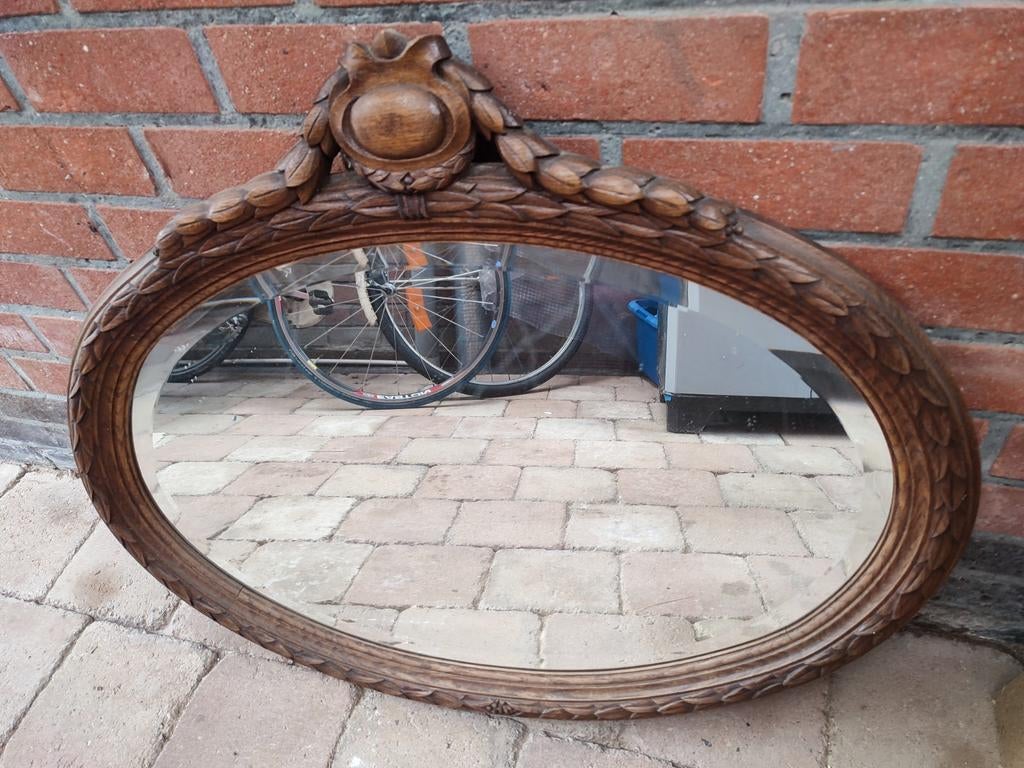 Antieke houten spiegel met geslepen glas, Antiek en Kunst, Ophalen