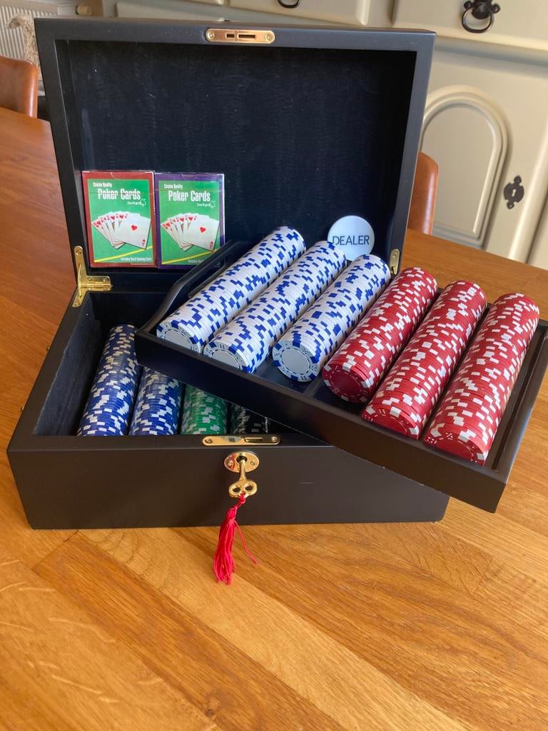 Set de poker luxueux en bois avec 500 jetons, Ophalen of Verzenden, Zo goed als nieuw