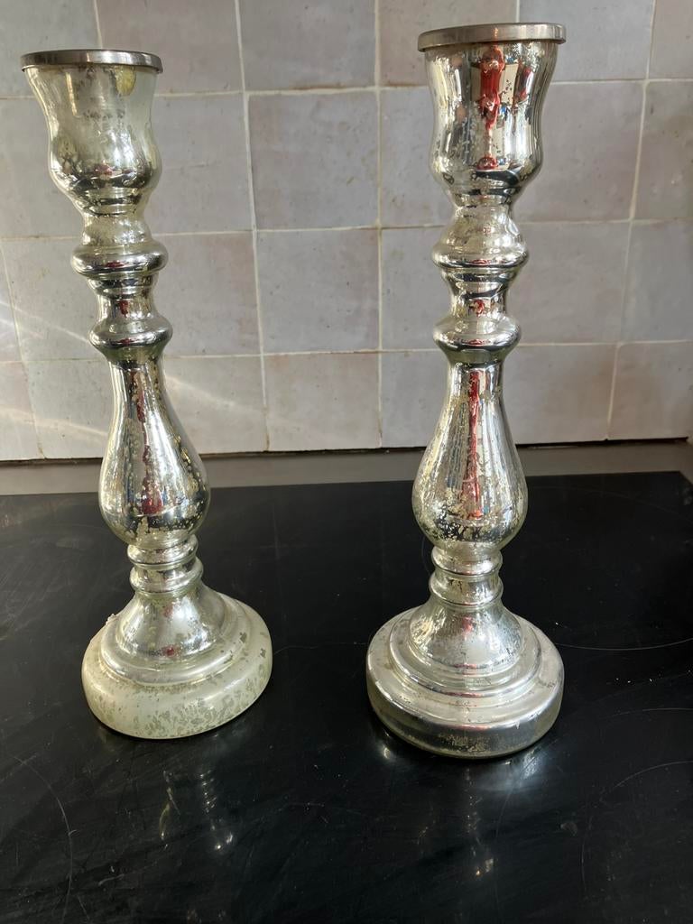 2 kandelaars in zilverglas, Ophalen, Glas
