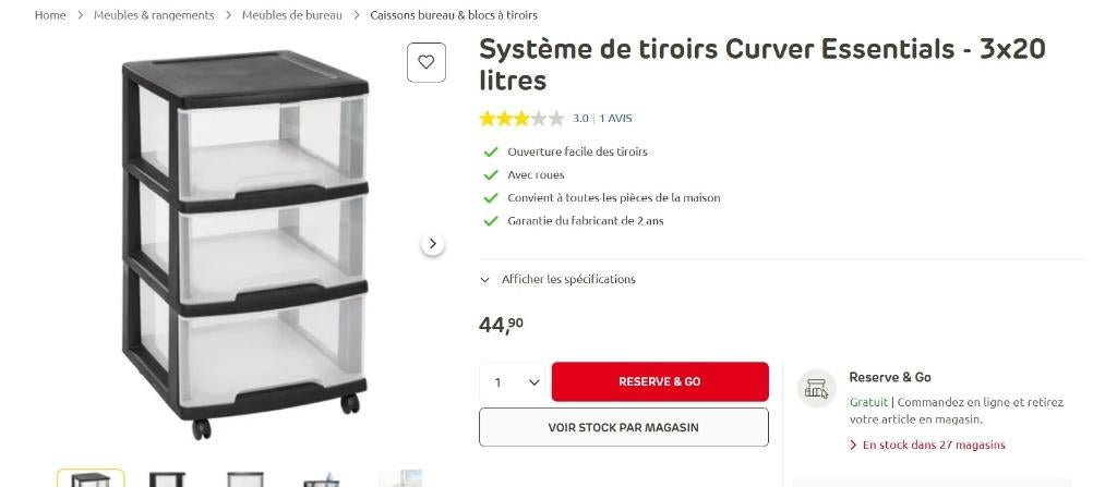 Curver Essentials ladesysteem - 3x20 liter, Huis en Inrichting, Ophalen, Zo goed als nieuw, Kunststof, 50 tot 75 cm