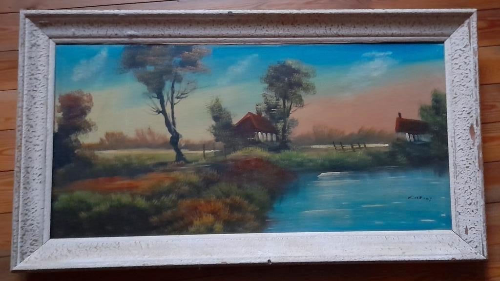 Oud schilderij op doek van 2 huisjes aan het water, Ophalen