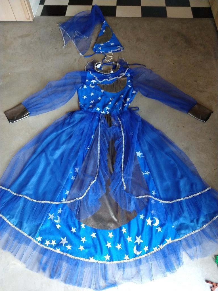 Verkleedpak heks / tovenares blauw maat 152, Kinderen en Baby's, Carnavalskleding en Verkleedspullen, Ophalen, Gebruikt, 146 t/m 152